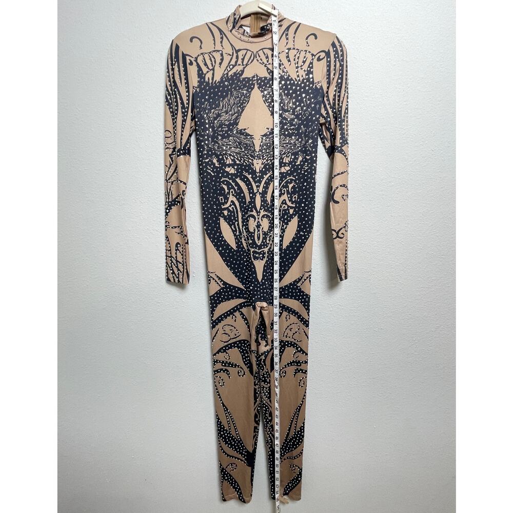 BANJUL Rhinestone Bodysuit Catsuit Nude Black Tribal Print Stretch Jumpsuit - Picture 4 of 15